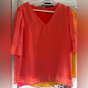 Coral Swiss-Dot V-Neck Short Sleeve Blouse